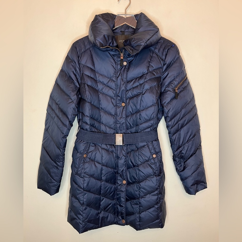Navy Marc New York puffer down jacket with belt. Size large